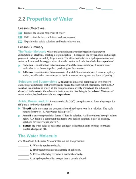 Biology 2 2 Properties Of Water Worksheet Answers Gustavogargiulo Free Scientific Method