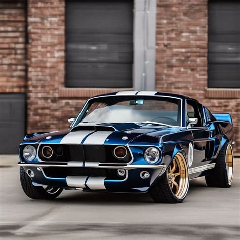 A Blue And White Muscle Car Parked In Front Of A Brick Building