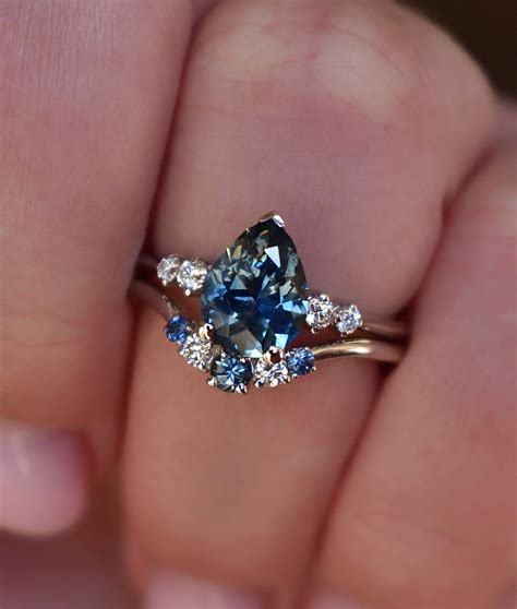 Teal Blue Montana Sapphire Engagement Ring Set 14K White Gold Pear Blue