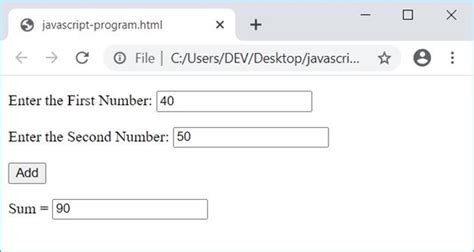 Addition Program In Javascript