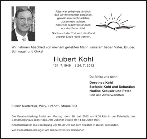 Traueranzeigen Von Hubert Kohl Aachen Gedenkt