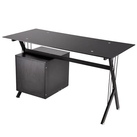 Black Glass Top Computer Desk Workstation W 2 Drawers