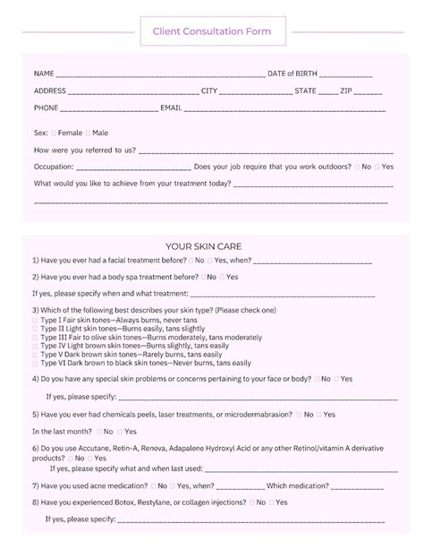 Client Consultation Form Editable Digital Esthetician Client Intake Form Esthetician Consult