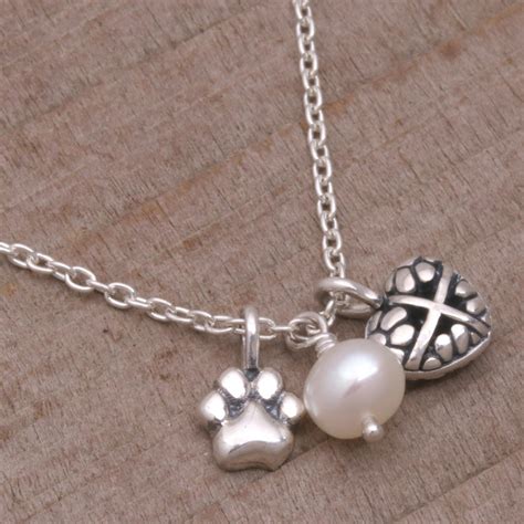 Cultured Pearl And Sterling Silver Heart Paw Necklace Heartfelt Paws