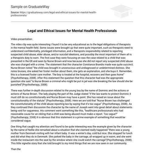 Legal And Ethical Issues For Mental Health Professionals Essay Example