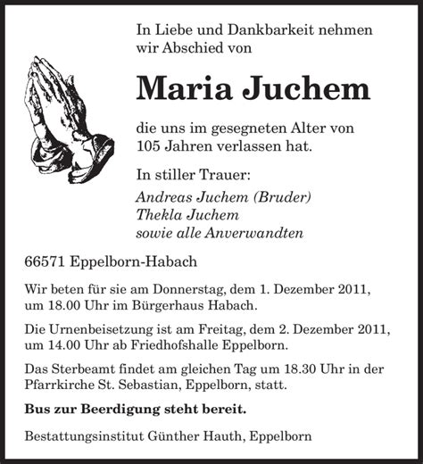 Traueranzeigen Von Maria Juchem Saarbruecker Zeitung Trauer De