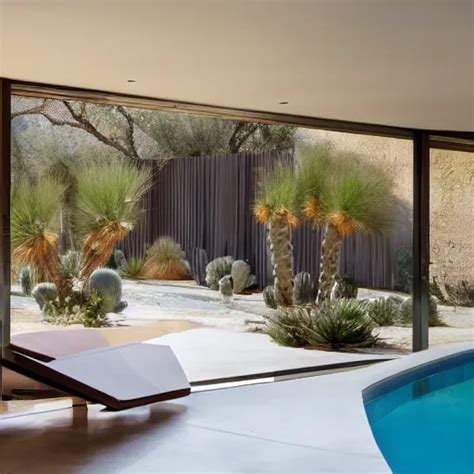Modern Desert Pavlion Interior Looking Out Of Large Stable Diffusion