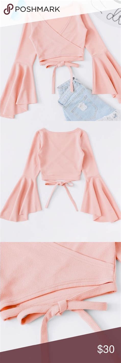 Pink Bell Sleeve Knotted Hem Surplice Blouse Blouse Fashion Pink