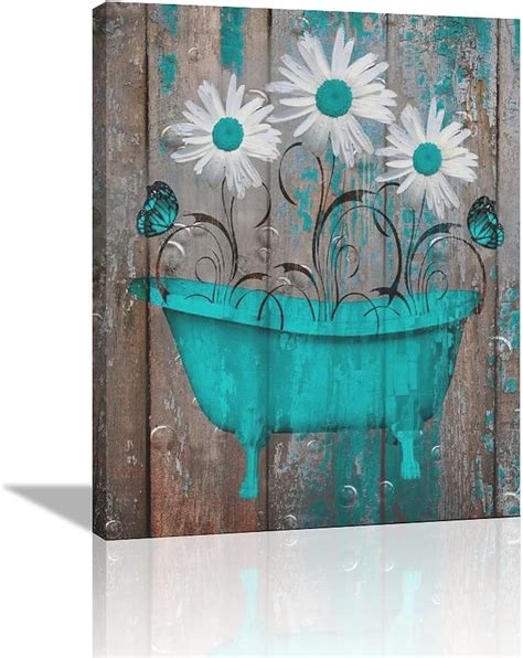 AAzaqTin Rustic Teal Brown Farmhouse Bathroom Decor Daisy Flowers