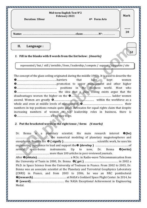 Th Form Mid Term Test N Esl Worksheet By Youda