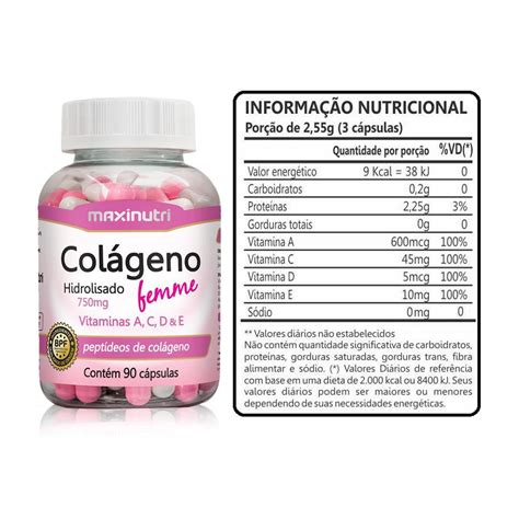 Suplementos Colágeno Hidrolisado Femme Vitaminas A C D E E 750mg 60 Cápsulas Maxinutri Vitta