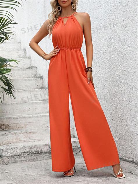 SHEIN VCAY Keyhole Neckline Wide Leg Halter Jumpsuit SHEIN USA