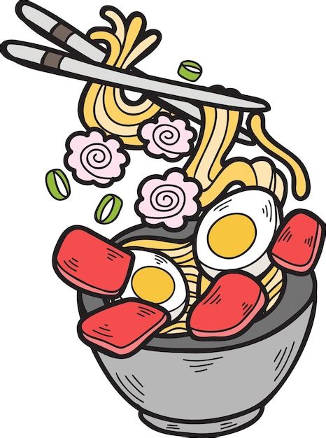 Macarrão desenhado à mão ou ramen ilustração de comida chinesa e