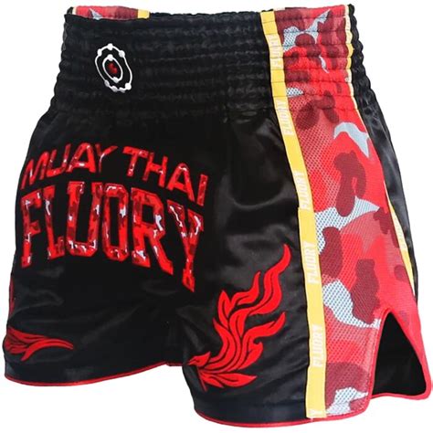 Fluory Muay Thai Kickboxen Short Schwarz Camo Rot FIGHTWEAR SHOP