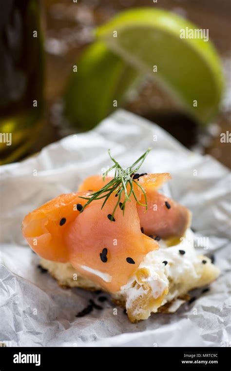 Finger Food Smoked Salmon Canape With Cream Cheese Fresh Dill And