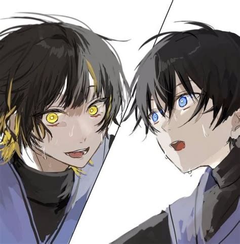 Two Anime Characters With Yellow Eyes And Black Hair