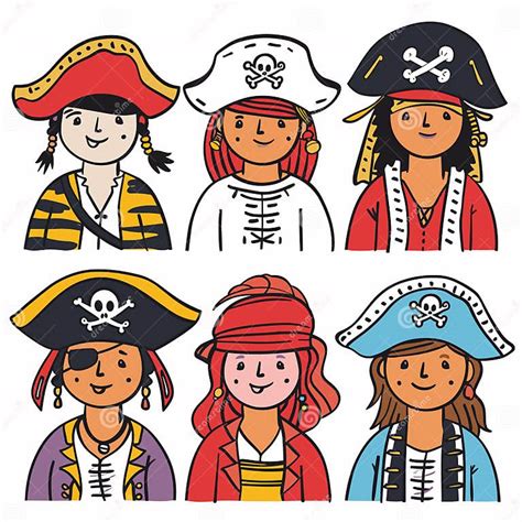 Six Cartoon Pirates Smiling Diverse Characters Collection Wearing