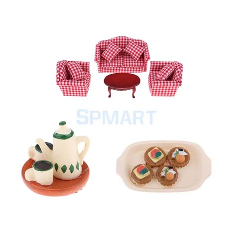 1/12 Dolls House Living Room Furniture Set Coffee Table Plaid Sofa Set ...