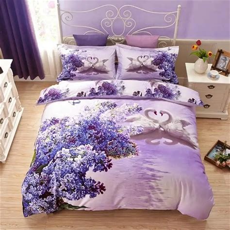 Light Purple Lilac Flowers White Swan 3d Bedding Set Queen King Size 100 Cotton Home Textiles