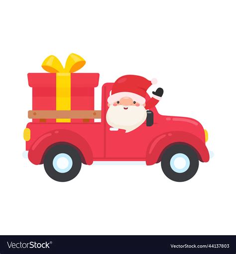 Cartoon Santa Driving A Red Pickup Truck To Send Vector Image