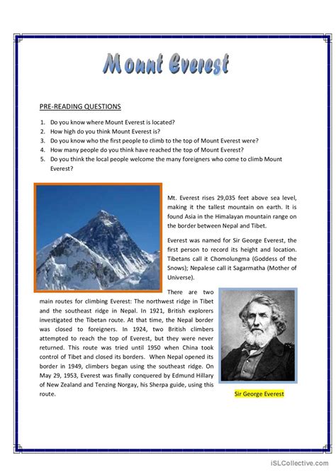 Mount Everest English Esl Worksheets Pdf And Doc