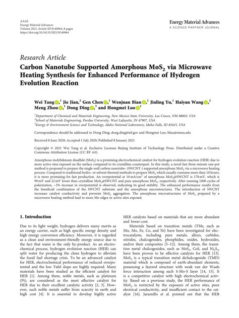 Pdf Carbon Nanotube Supported Amorphous Mos Via Microwave Heating