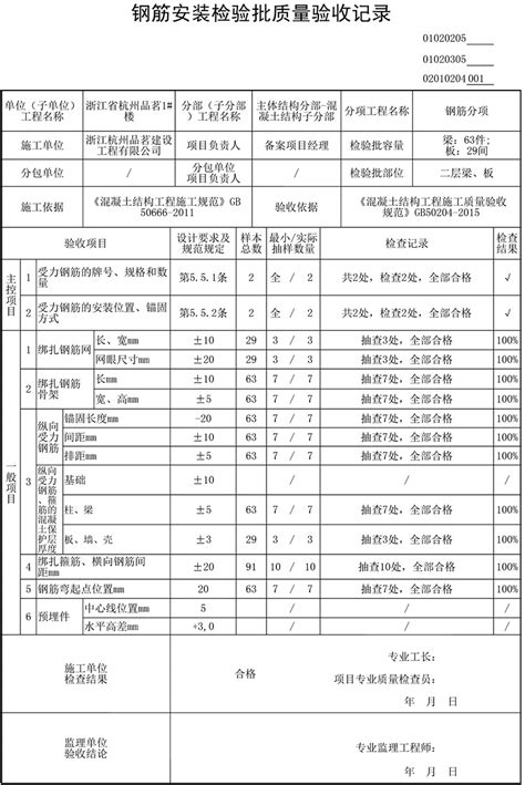 02010204 钢筋安装检验批质量验收记录 GB50204 2015 品茗逗逗网 品茗施工软件服务平台