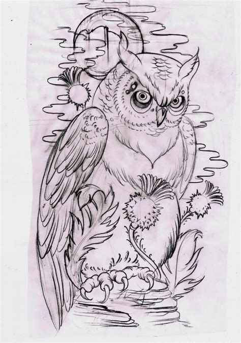 Serious Uncolored Owl And Agrimony Tattoo Design Owl Tattoo Design