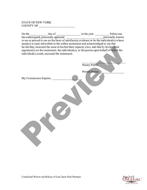 New York Conditional Waiver And Release Of Lien Upon Final Payment