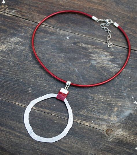 Leather Pendant Necklace Red Choker Hammered Silver Etsy Israel