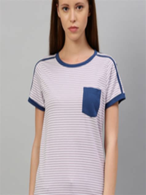 Buy The Roadster Lifestyle Co Women Pink White Striped Round Neck Pure