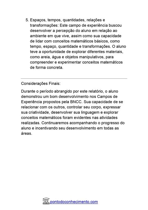 Relat Rio De Educa O Infantil Campos De Experi Ncia Ponto Do