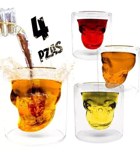 4 Vasos Shot Cráneo Calavera 75 Ml Vidrio Tequilero Fiesta