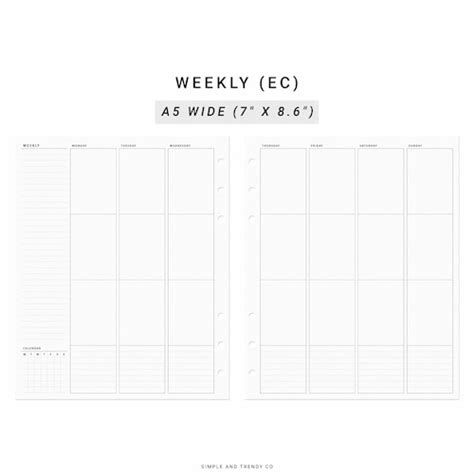 A5 Weekly Planner Printable Binder Inserts Fits Organizers Etsy