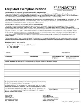 Fillable Online Fresnostate Early Start Exemption Form Docx