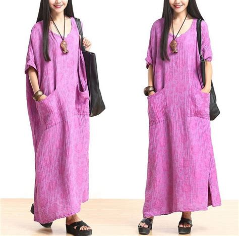 Plus Size Cotton Linen Maxi Dress Loose Fitting Bat Sleeve Summer