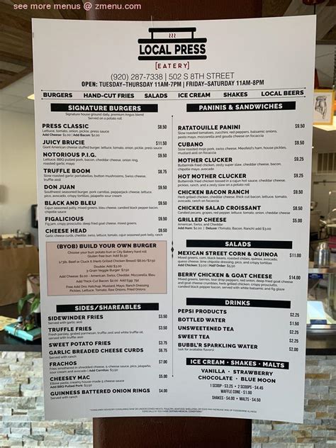 Menu At Local Press Eatery Restaurant Sheboygan