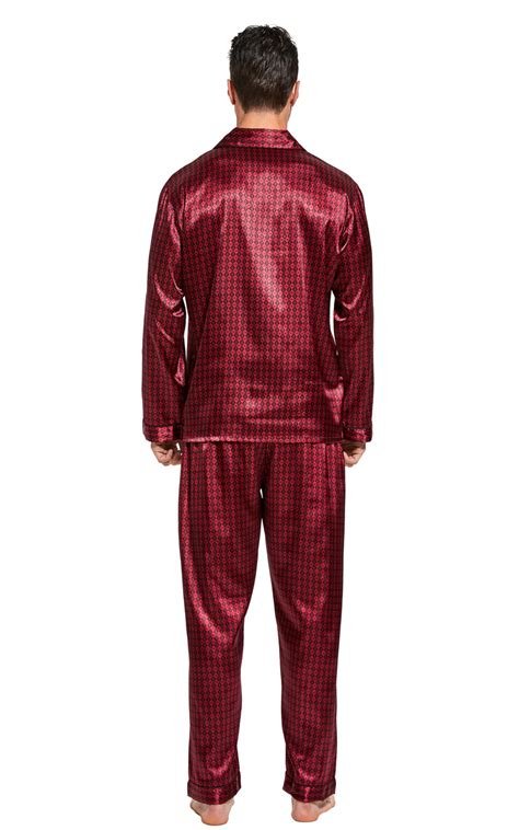 Mens Silk Satin Pajama Set Long Sleeve Burgundy With Black Diamods Tony And Candice