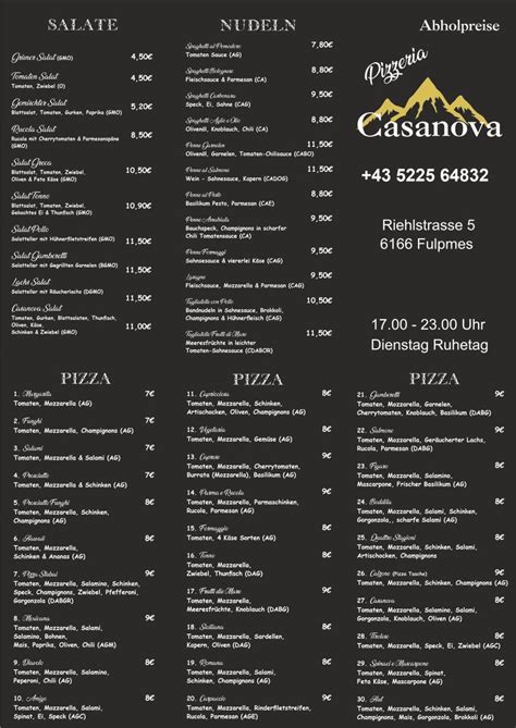 Speisekarte Von Pizzeria Casanova Fulpmes