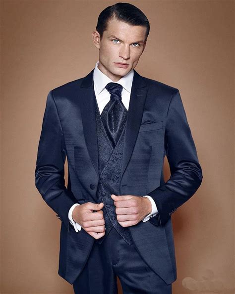 Men S Formal Occasion Navy Blue Groom Tuxedos Peak Lapel Best Man Suit