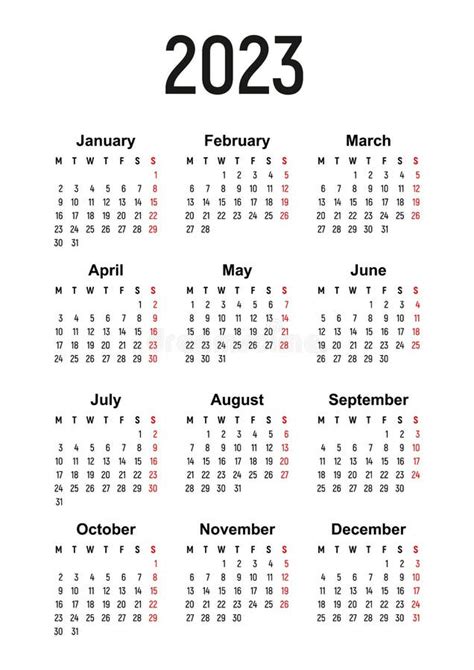 Calendar For Year Week Starts On Monday Vector Image Large