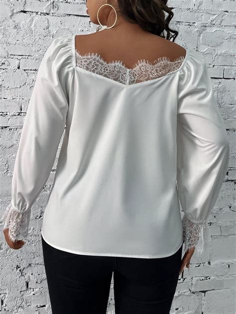 Blusa Escote Coraz N Con Encaje En Contraste De Manga Con Volante