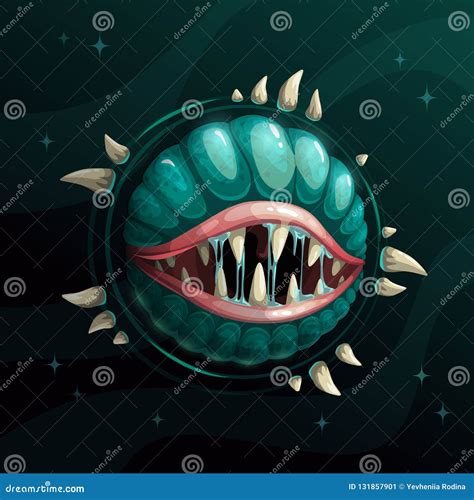 Cartoon Creepy Monster Planet With Spikes And Jaws On The Dark Space