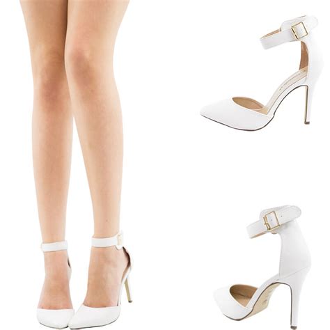 WHITE CLOSED TOE BUCKLE ANKLE STRAP STILETTO HIGH HEEL WOMEN CLASSIC ...