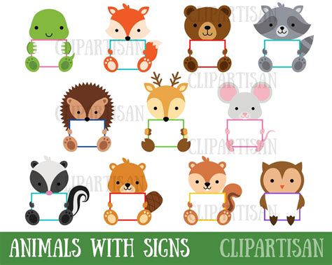 Animals Holding Blank Signs Clip Art, Animal Notes, Cupcake Toppers - Etsy