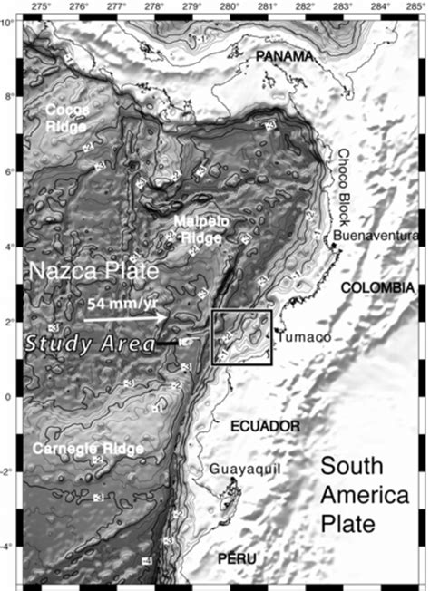 Bathymetric map (km) of the Nazca plate and adjacent North Andean... | Download Scientific Diagram