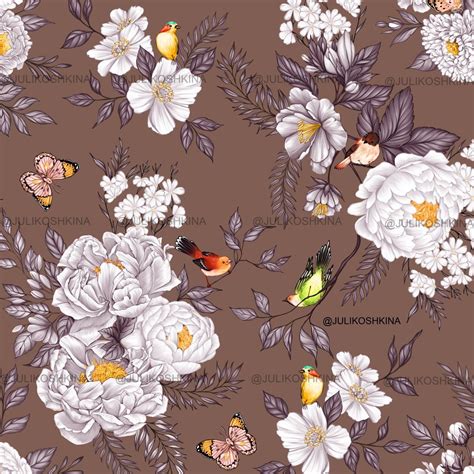 Бесшовный узор " Пионы и птицы" | Pattern