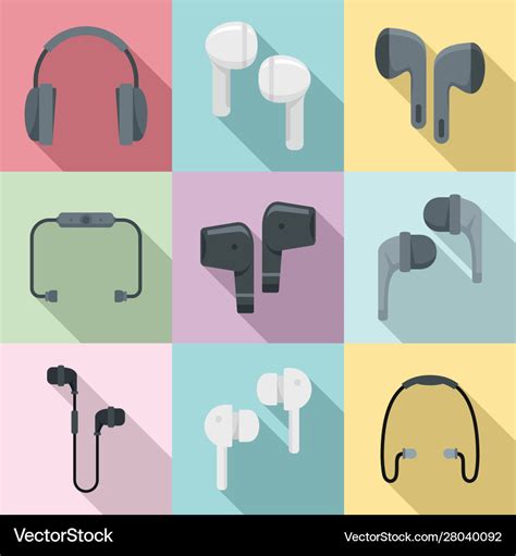 Wireless Earbuds Icons Set Flat Style Royalty Free Vector