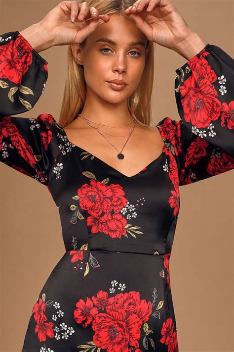 Floral Invitation Black Floral Print Long Sleeve Mini Dress Long