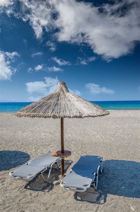 Straw Umbrella On A Sandy Beach In Greece Stock Image Image Of Corfu